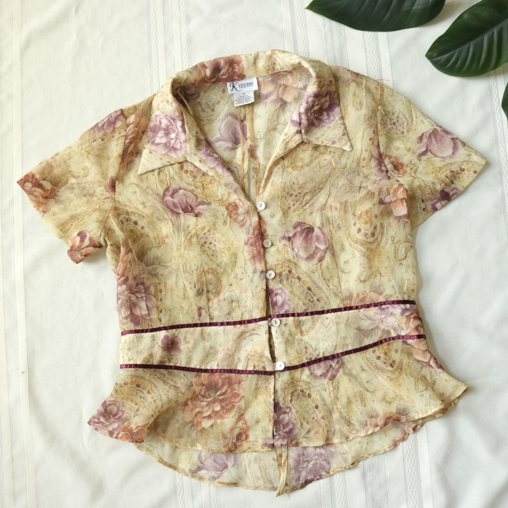 Tan and burgundy floral sheer button down blouse